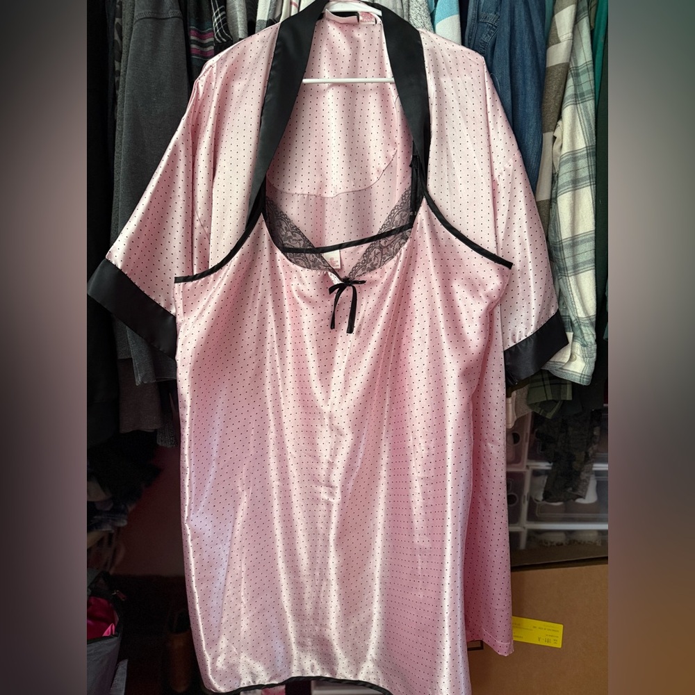 Women's Pink Satin Nightgown and Robe with Black Trim - Lace Accent